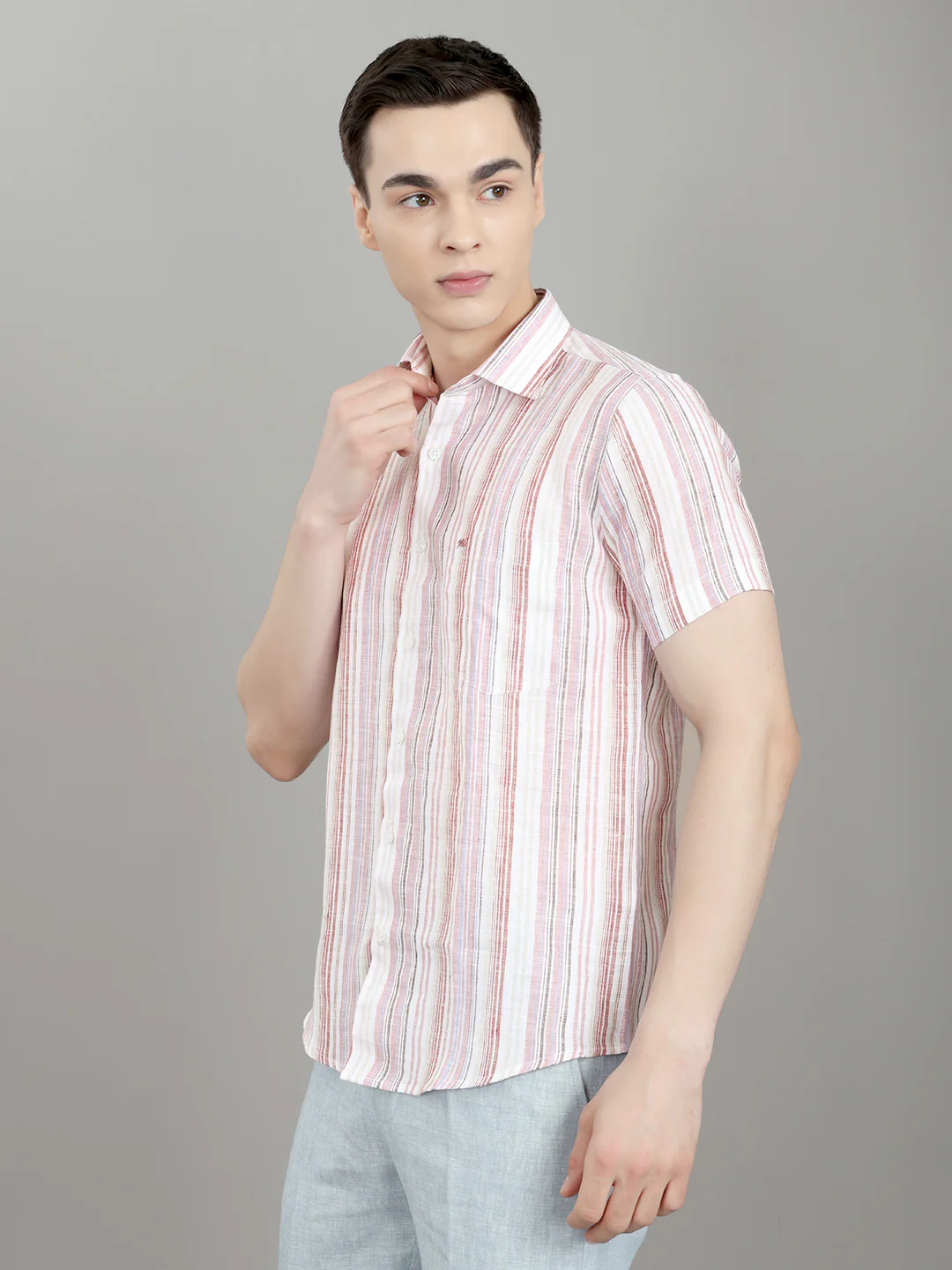 Men Multicolor Stripe Collar Half Sleeve Shirt - Image 2