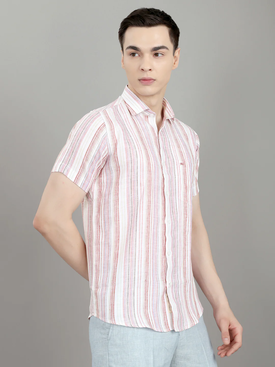 Men Multicolor Stripe Collar Half Sleeve Shirt - Image 3