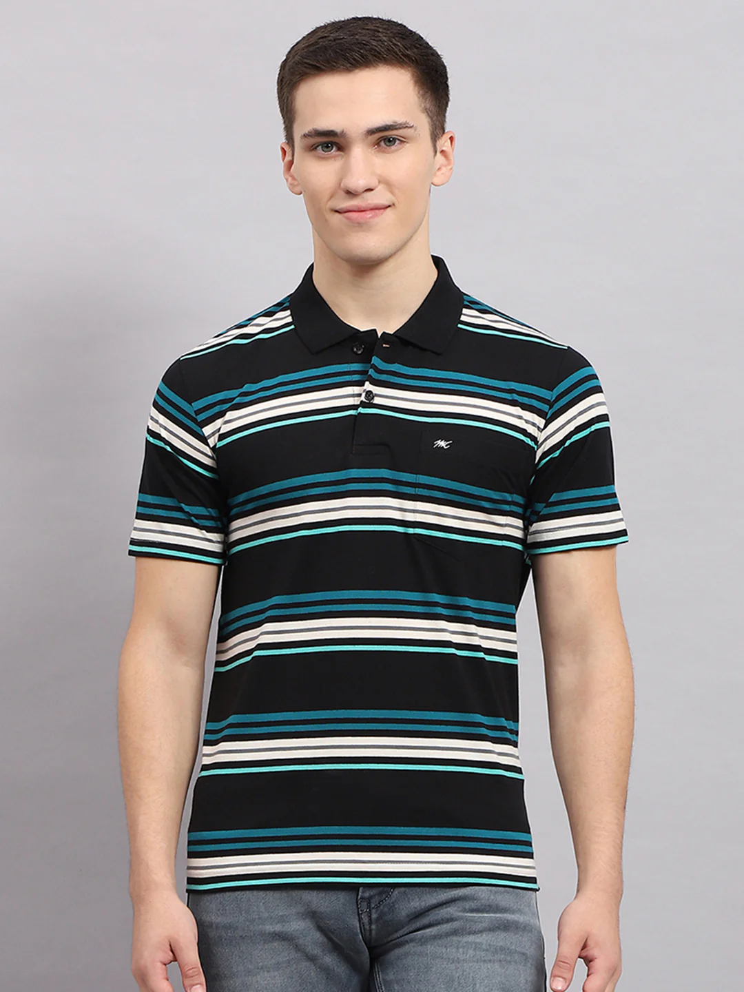Men Multicolor Stripe Collar Half Sleeve T-Shirt - Image 2