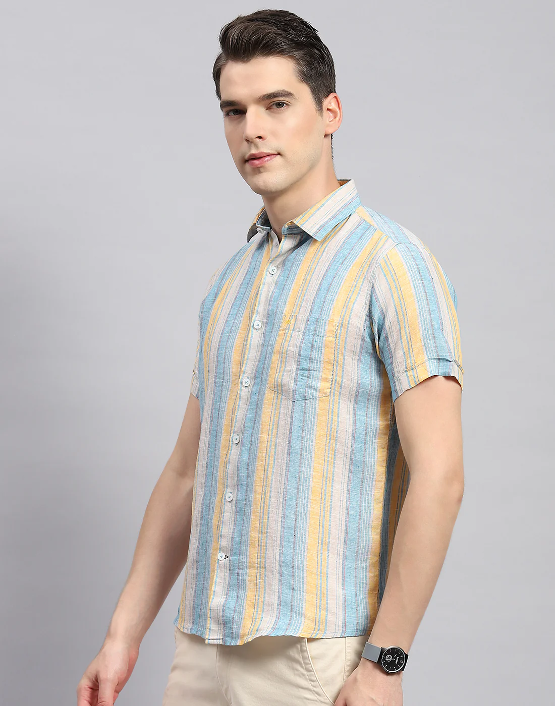 Men Multicolor Stripe Collar Neck Half Sleeve Linen Shirt - Image 4