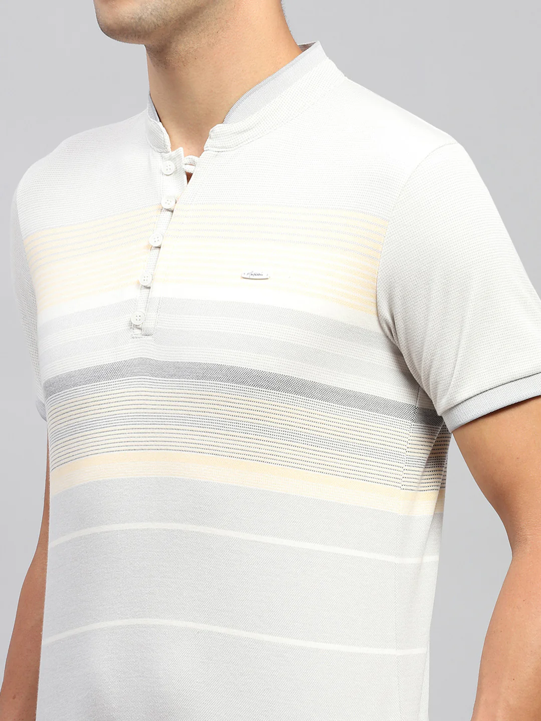 Men Multicolor Stripe Mandarin Neck Half Sleeve T-Shirt - Image 6