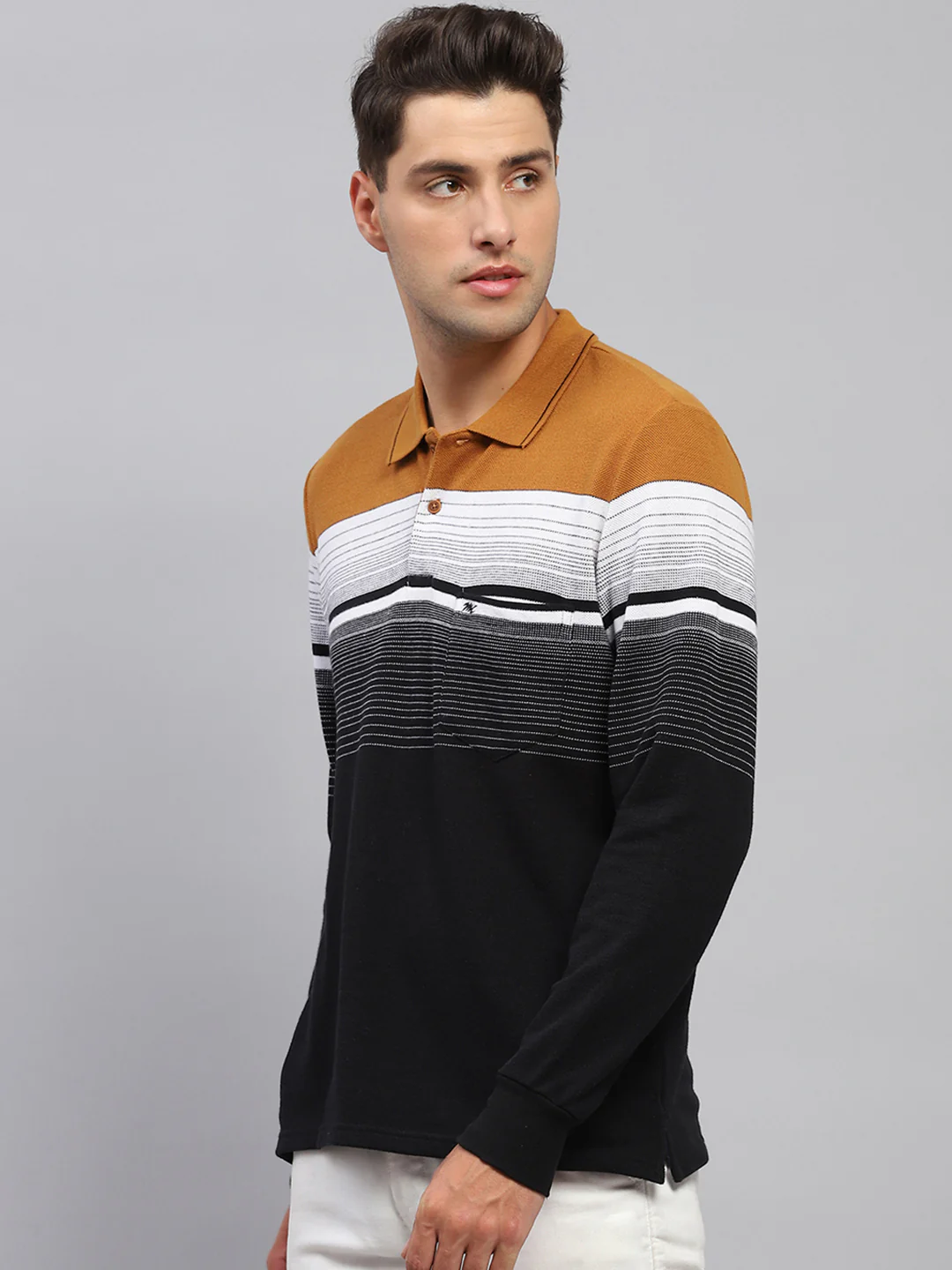 Men Multicolor Stripe Polo Collar Full Sleeve T-Shirt - Image 3
