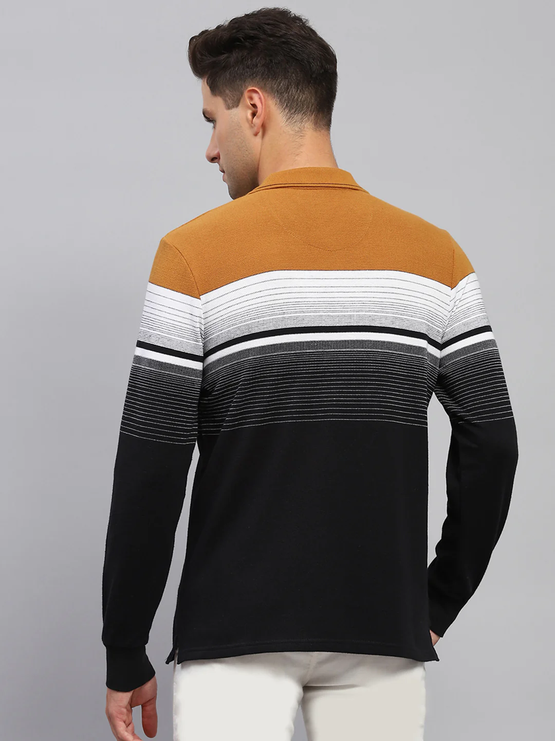Men Multicolor Stripe Polo Collar Full Sleeve T-Shirt - Image 5