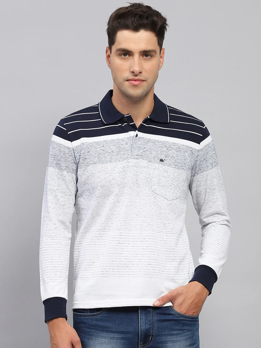 Men Multicolor Stripe Polo Collar Full Sleeve T-Shirt - Image 2