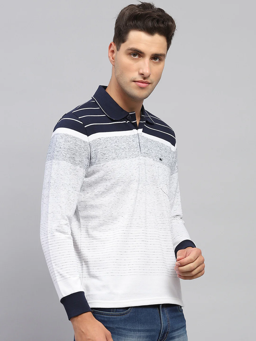 Men Multicolor Stripe Polo Collar Full Sleeve T-Shirt - Image 4