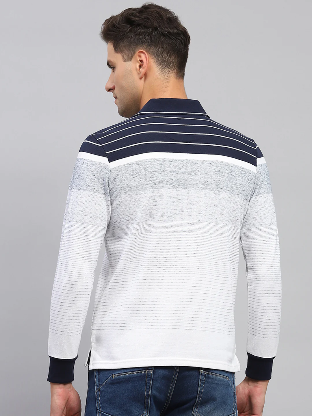Men Multicolor Stripe Polo Collar Full Sleeve T-Shirt - Image 5