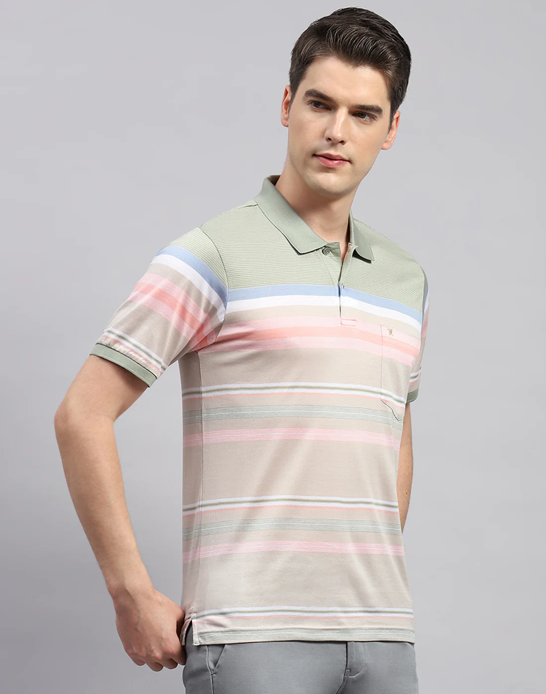 Men Multicolor Stripe Polo Collar Half Sleeve T-Shirt - Image 4