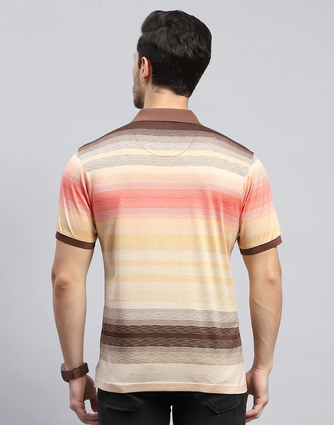 Men Multicolor Stripe Polo Collar Half Sleeve T-Shirt - Image 5