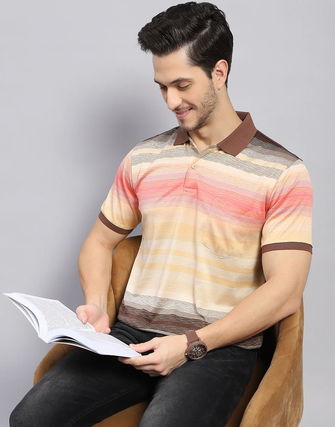 Men Multicolor Stripe Polo Collar Half Sleeve T-Shirt - Image 6