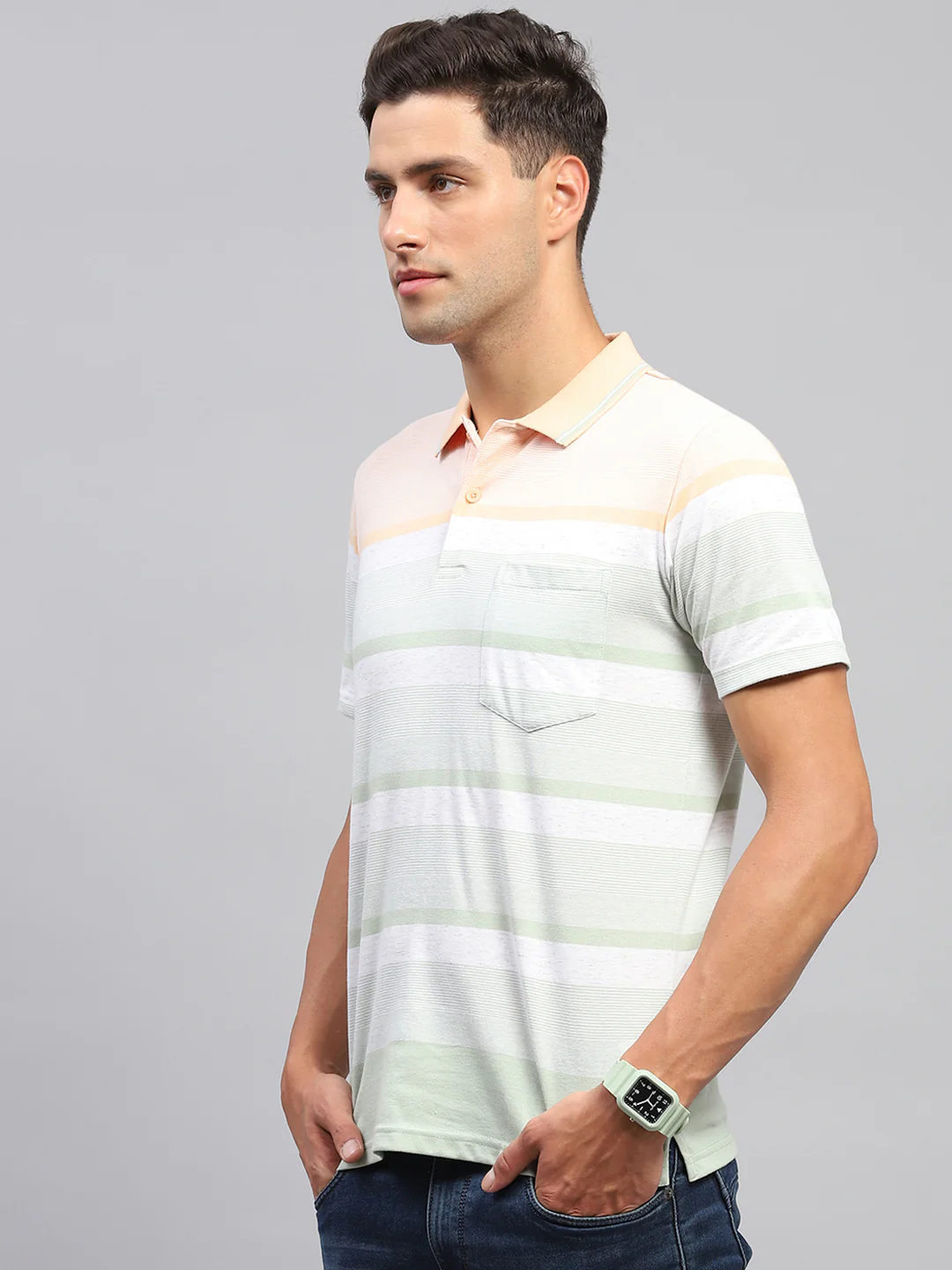 Men Multicolor Stripe Polo Collar Half Sleeve T-Shirt - Image 3