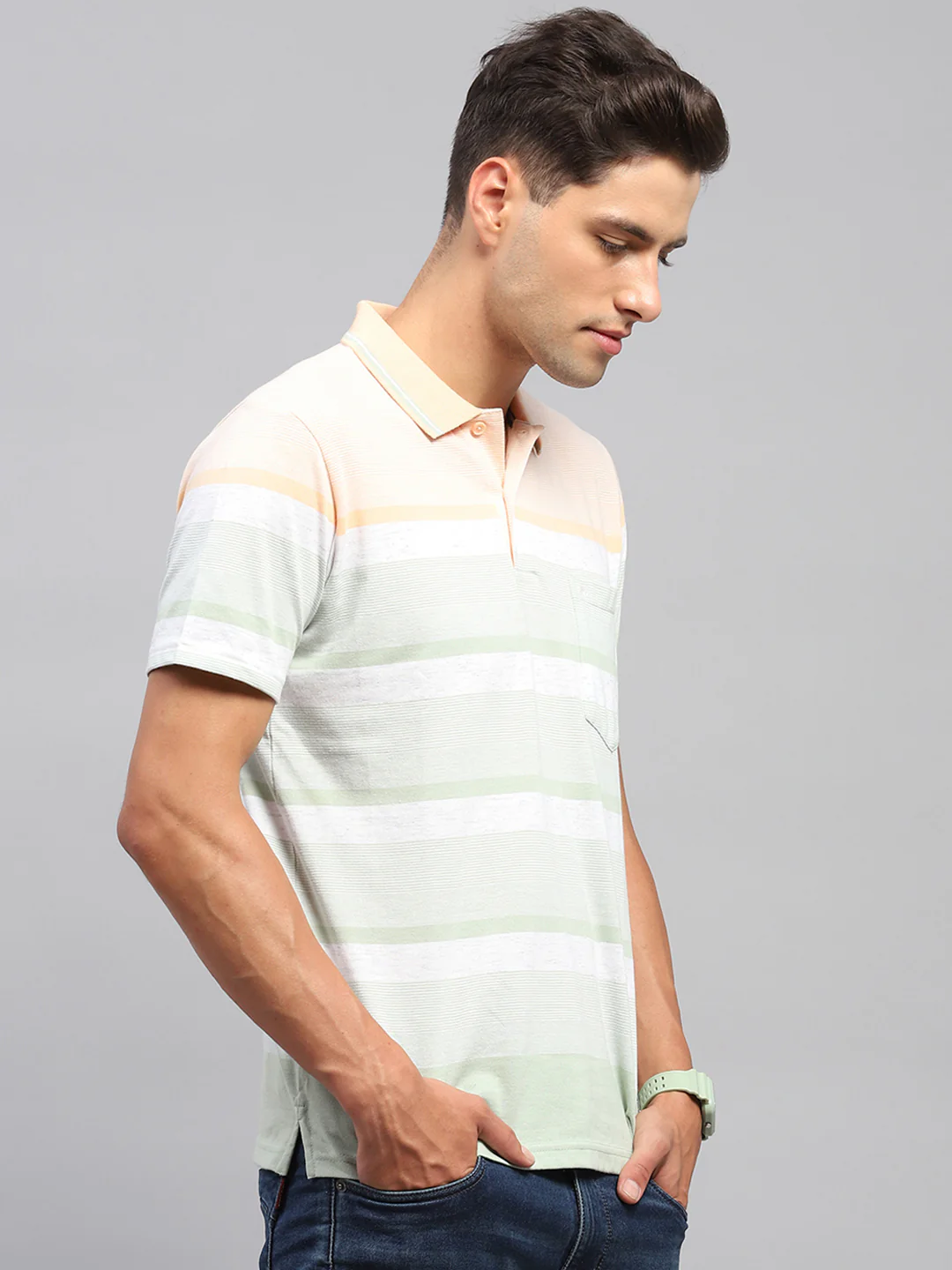 Men Multicolor Stripe Polo Collar Half Sleeve T-Shirt - Image 4