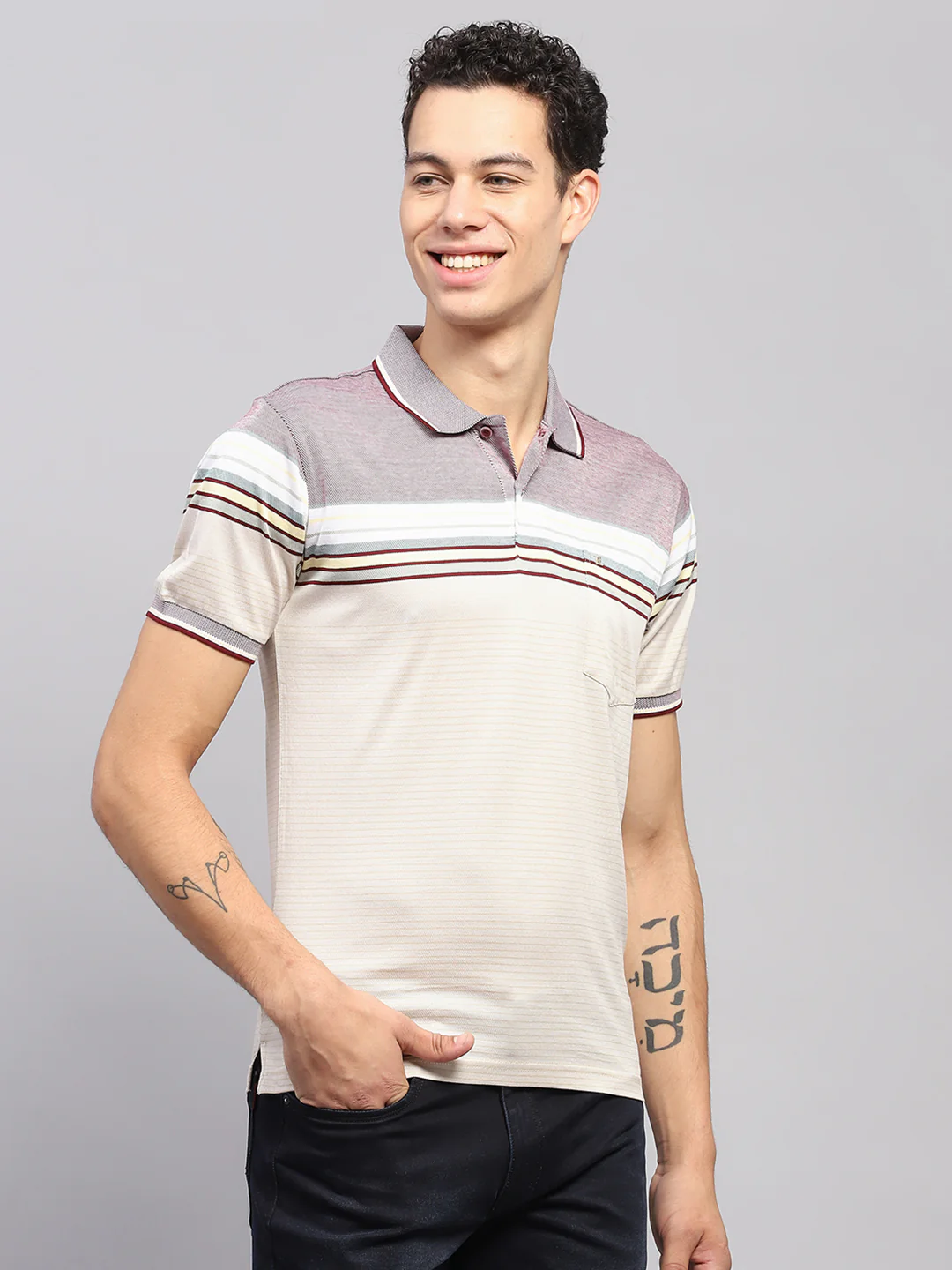 Men Multicolor Stripe Polo Collar Half Sleeve T-Shirt - Image 4