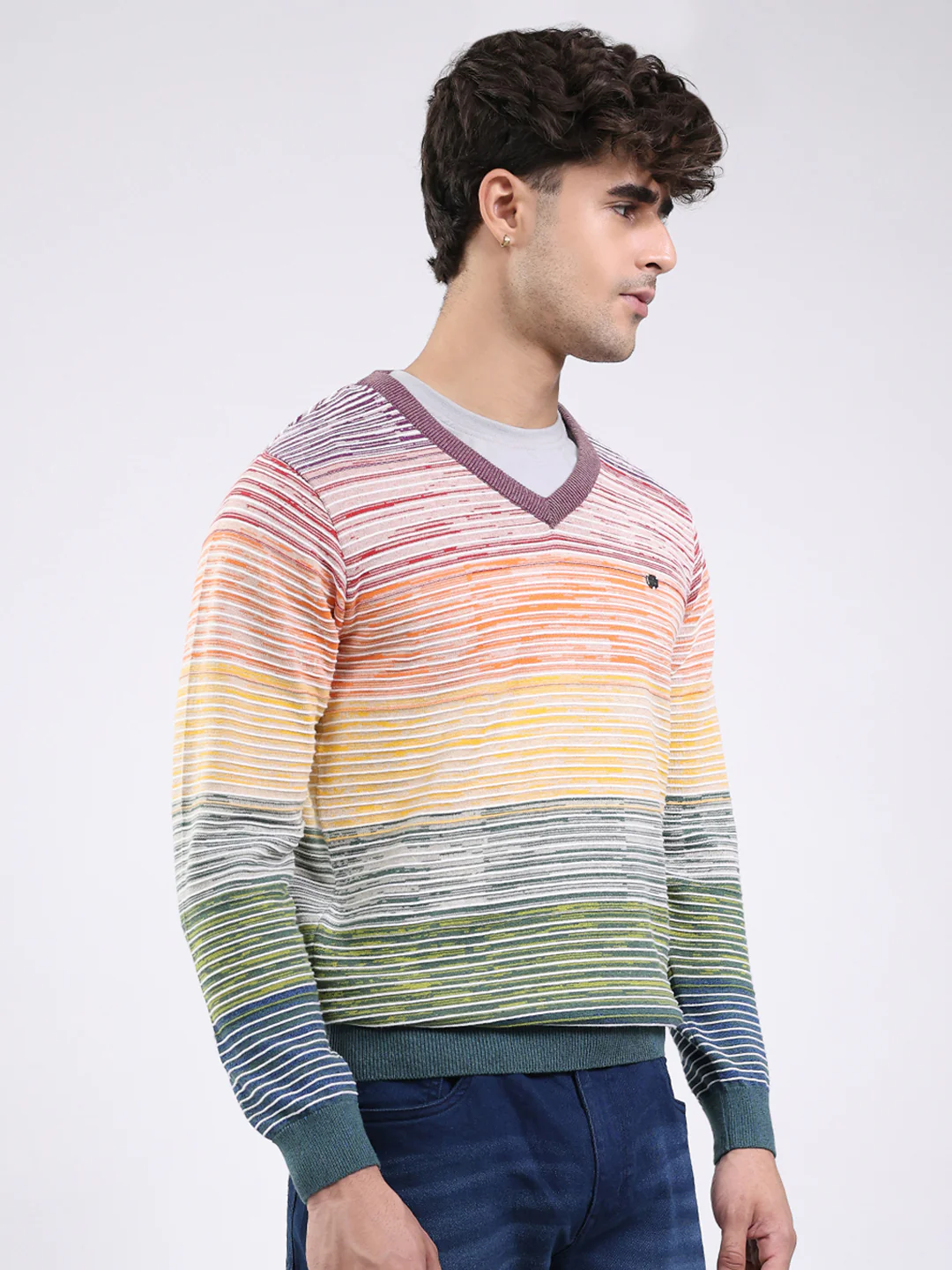 Men Multicolor Stripe V Neck Full Sleeve Pullover - Image 4