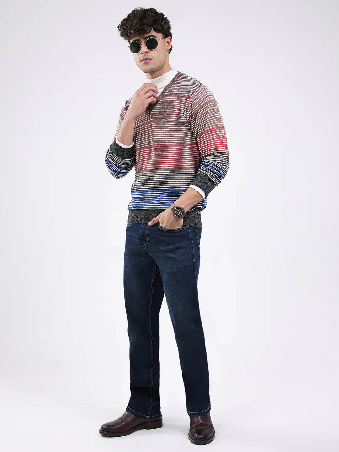 Men Multicolor Stripe V Neck Full Sleeve Pullover - Image 2