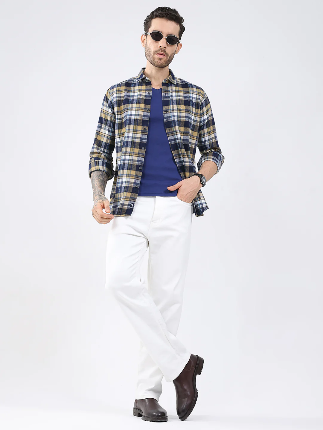 Men Mustard Check Collar Full Sleeve Shirt - Image 2