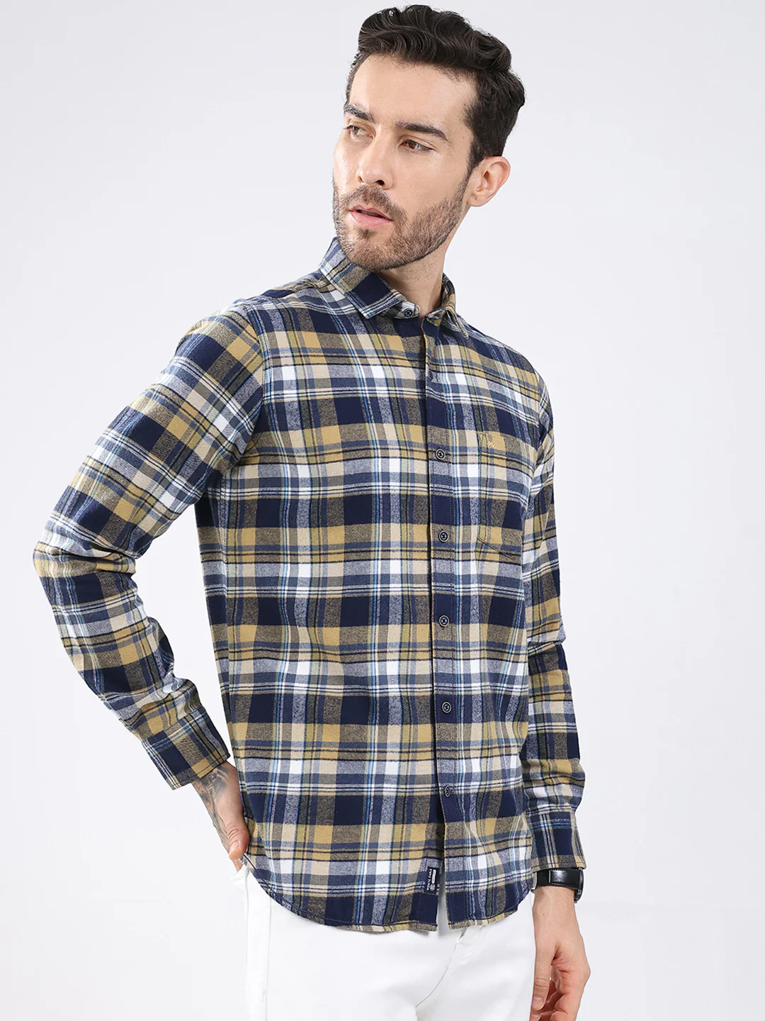 Men Mustard Check Collar Full Sleeve Shirt - Image 4