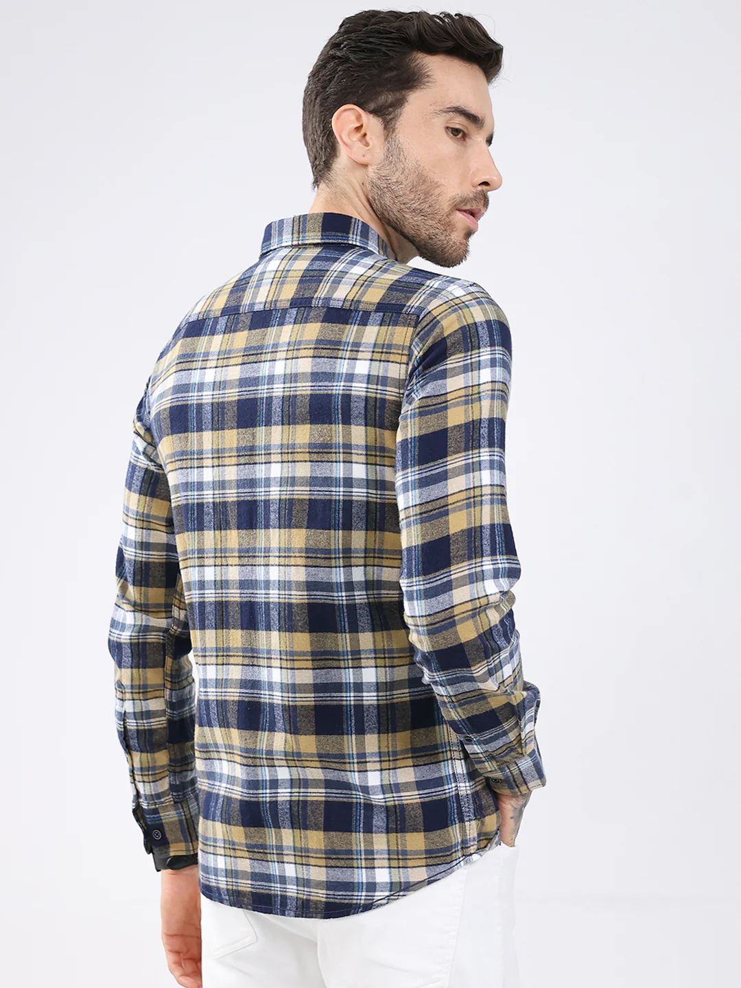 Men Mustard Check Collar Full Sleeve Shirt - Image 5