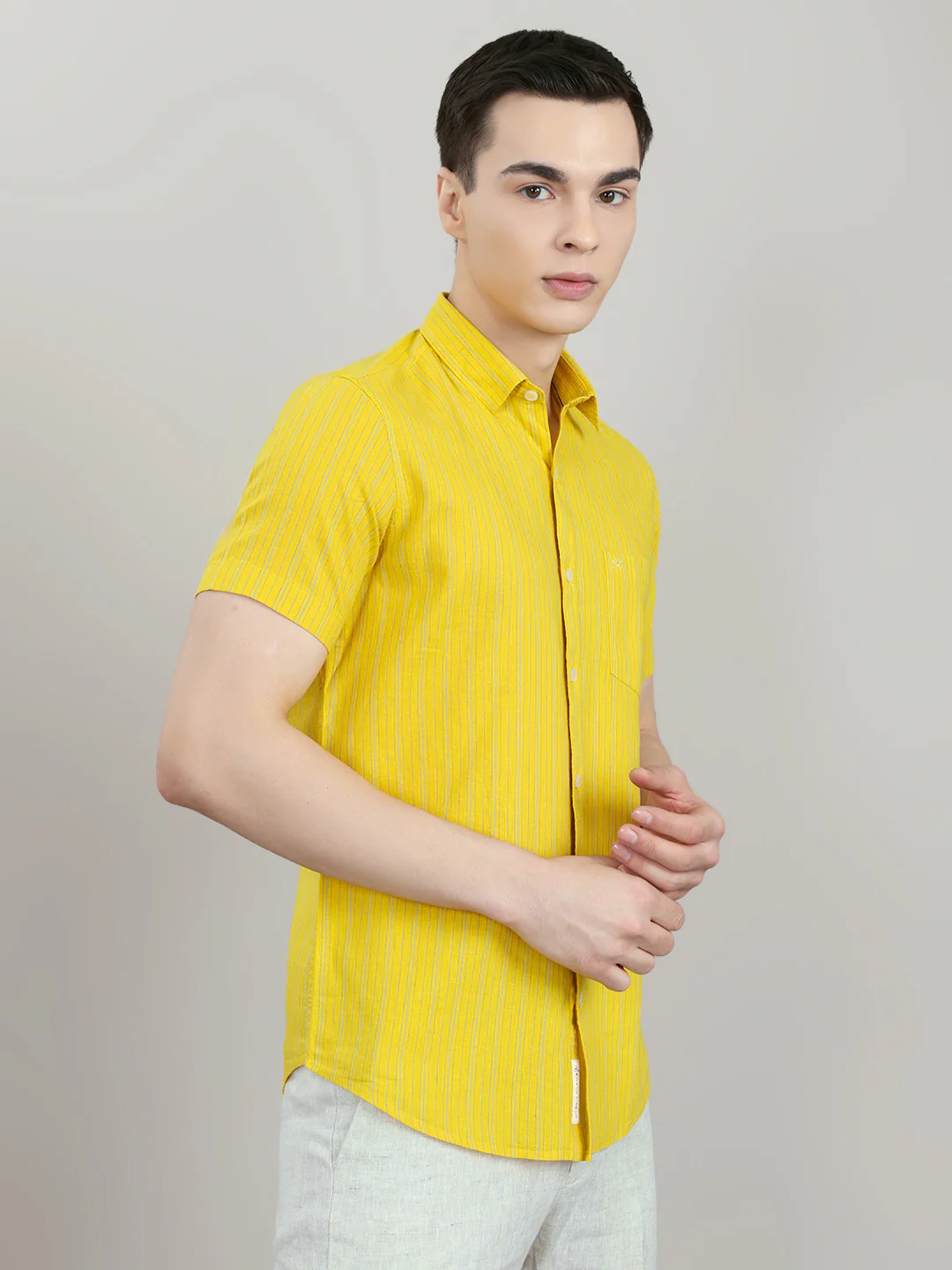 Men Mustard Check Collar Half Sleeve Shirt - Image 3