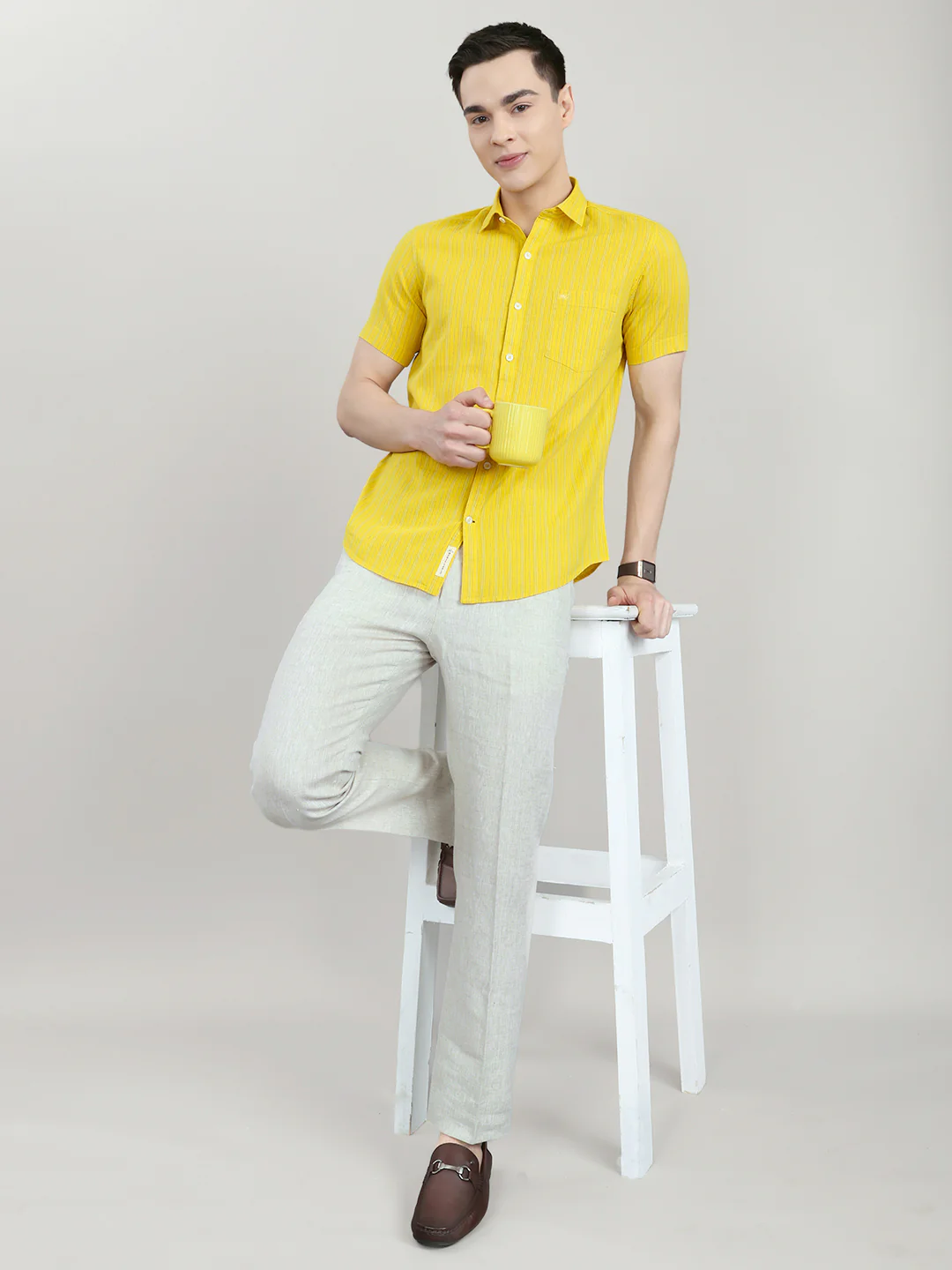 Men Mustard Check Collar Half Sleeve Shirt - Image 6