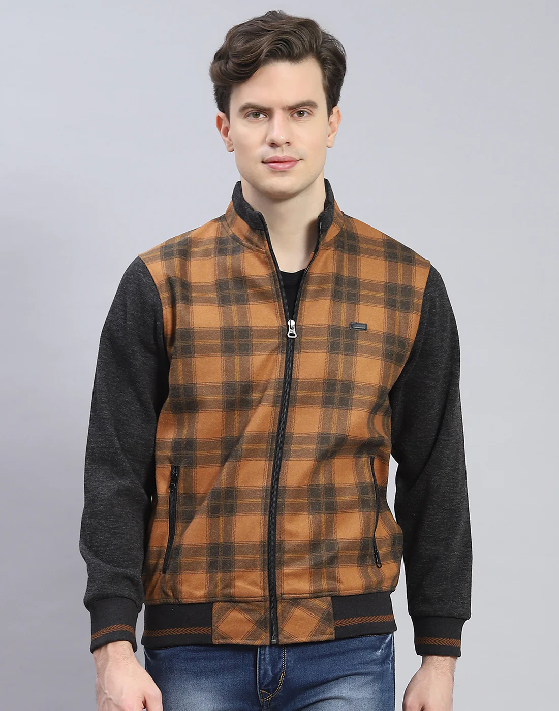 Men Mustard Check Stand Collar Full Sleeve Sweatshirt - Image 2