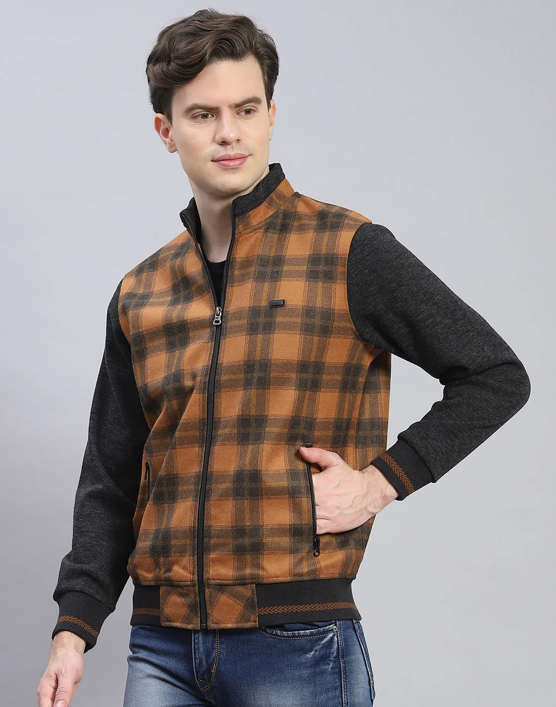 Men Mustard Check Stand Collar Full Sleeve Sweatshirt - Image 3