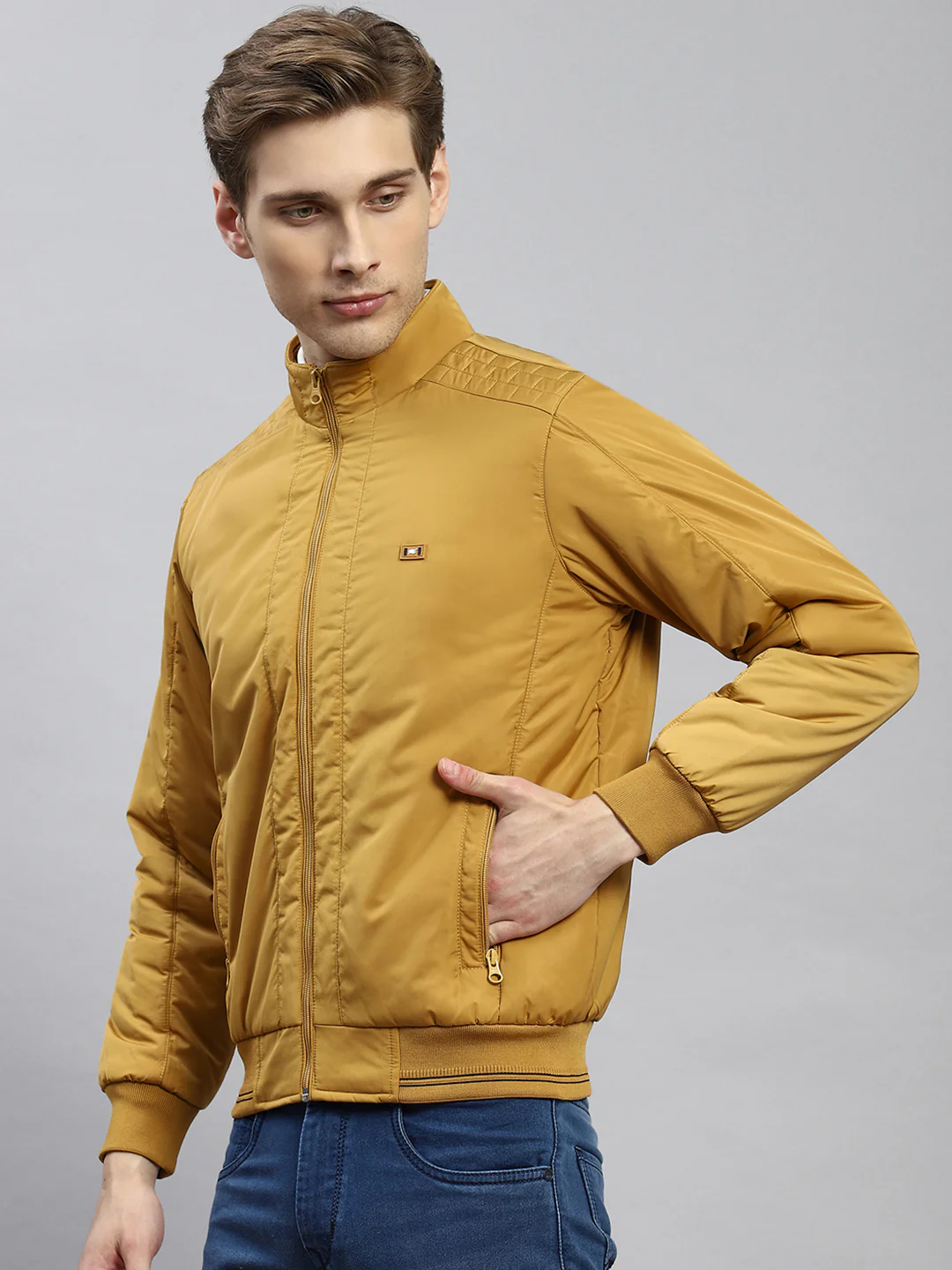 Men Mustard Plain Jacket - Image 4