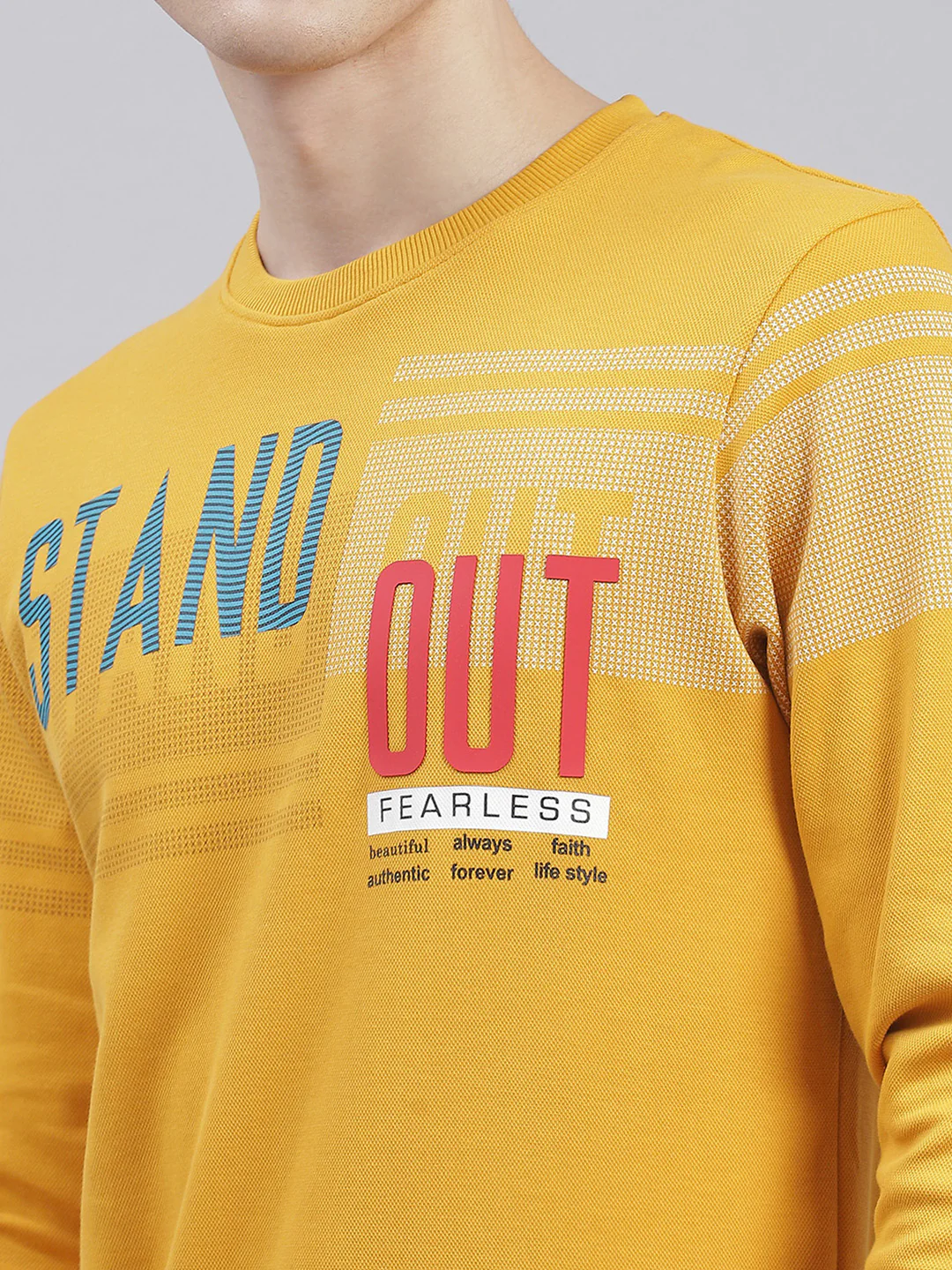 Men Mustard Printed Round Neck Full Sleeve Sweatshirts - Image 6