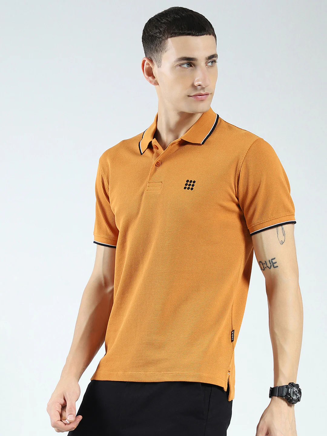 Rock.it Men Mustard Self Design Collar Half Sleeve T-Shirt - Image 3