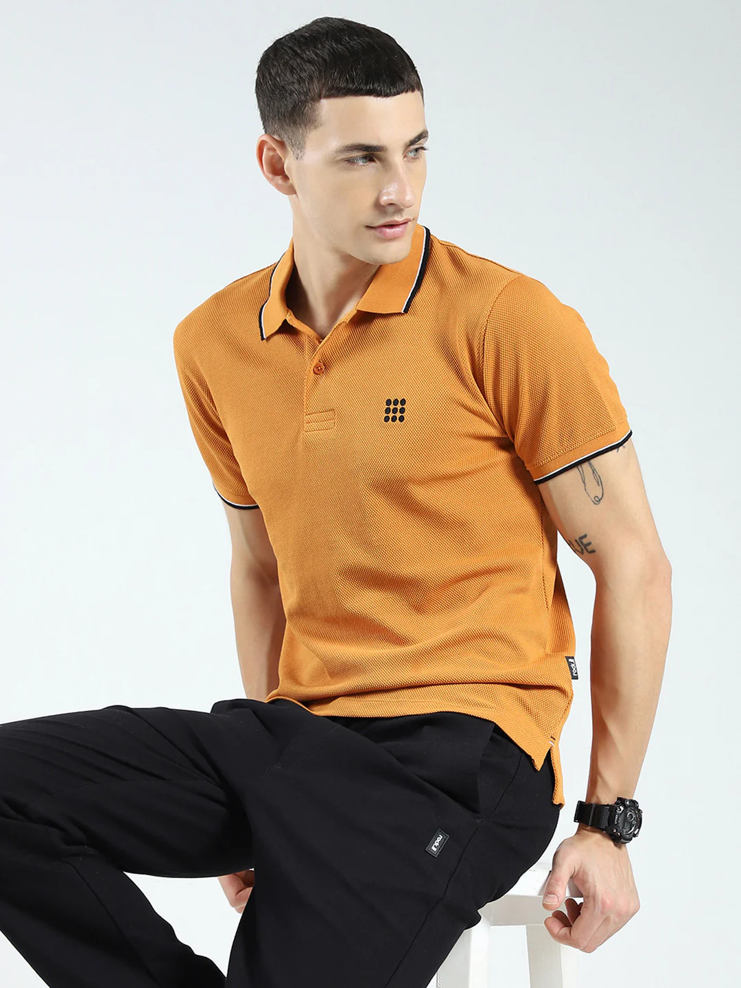 Rock.it Men Mustard Self Design Collar Half Sleeve T-Shirt - Image 6