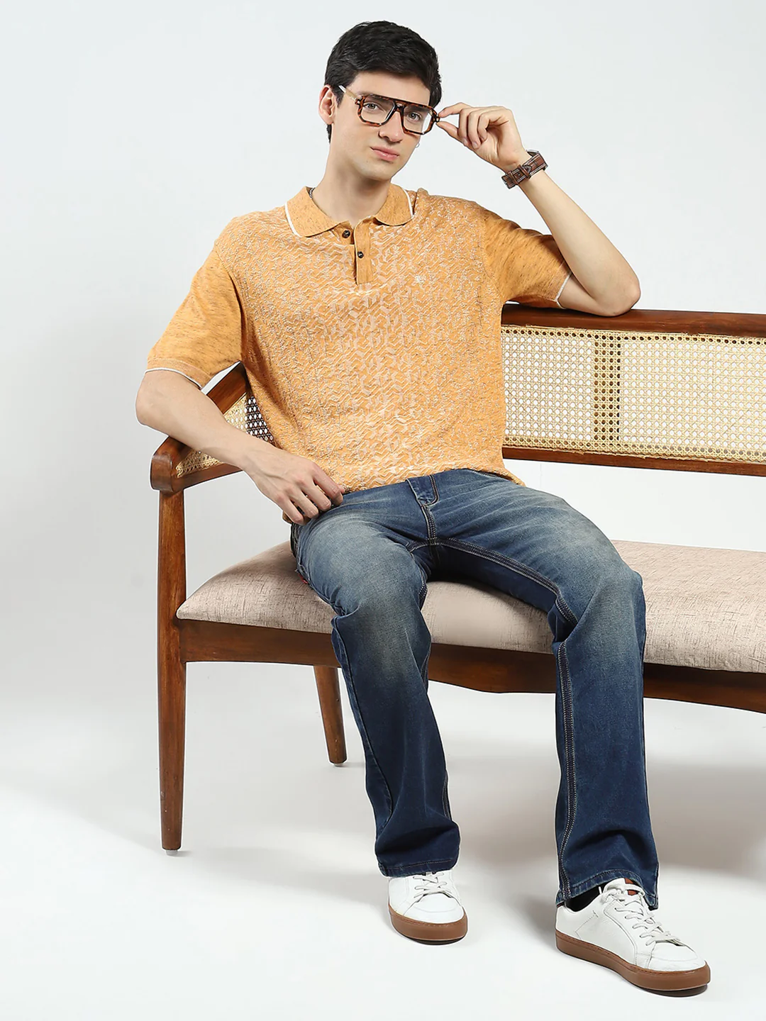 Men Mustard Self Design Collar Half Sleeve T-Shirt - Image 2