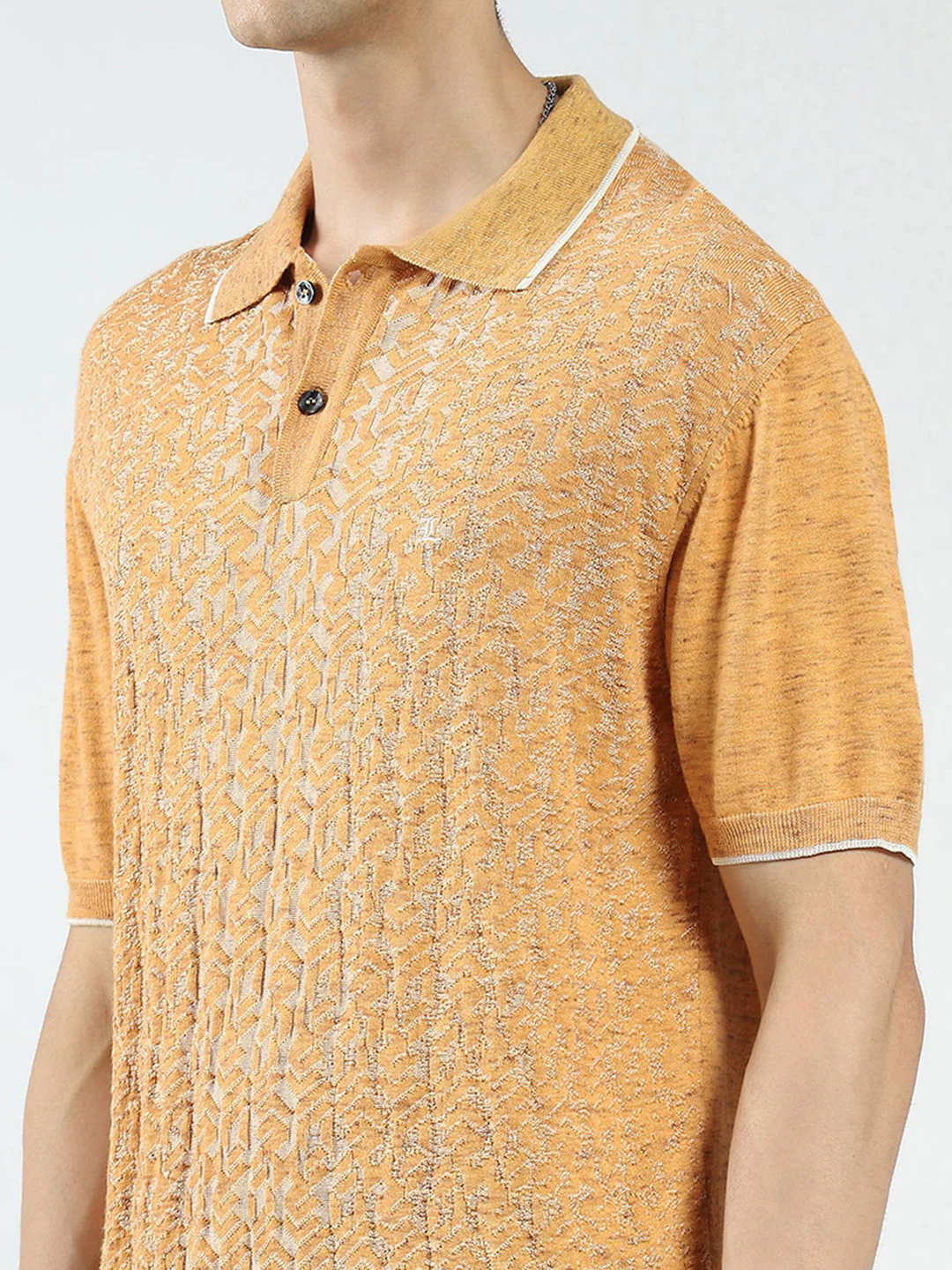 Men Mustard Self Design Collar Half Sleeve T-Shirt - Image 6