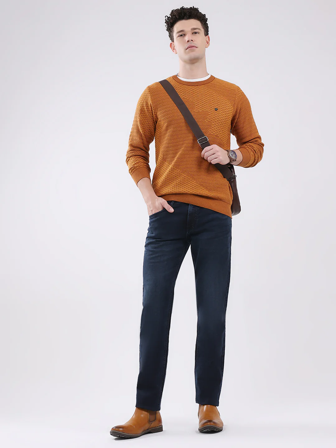 Men Mustard Self Design Round Neck Full Sleeve Pullover - Image 2