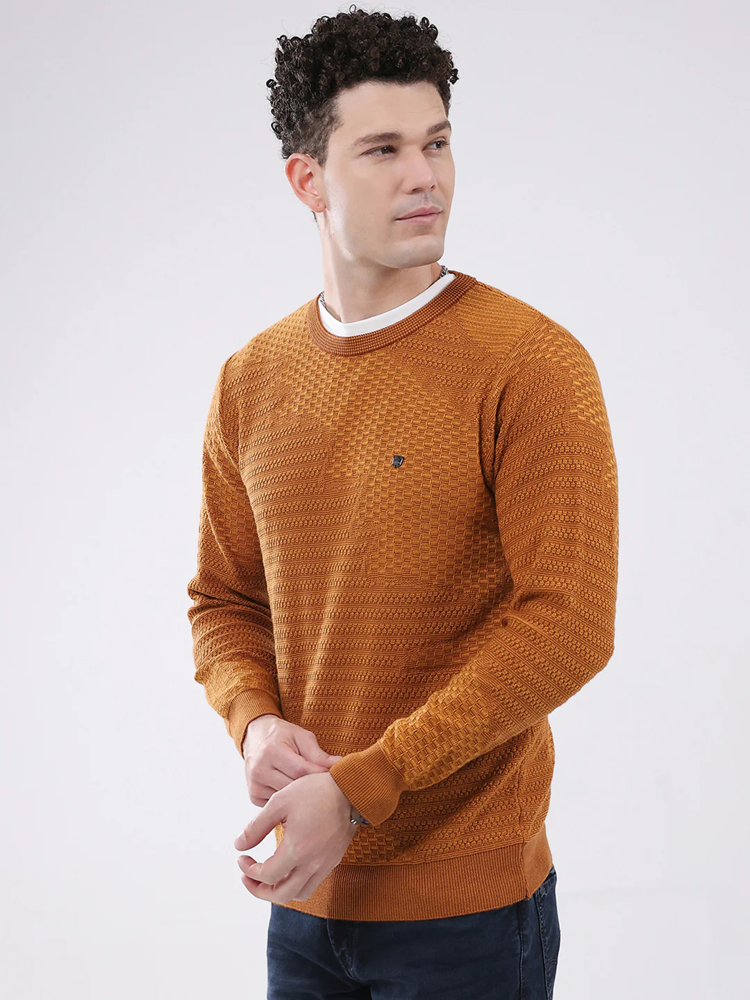 Men Mustard Self Design Round Neck Full Sleeve Pullover - Image 3