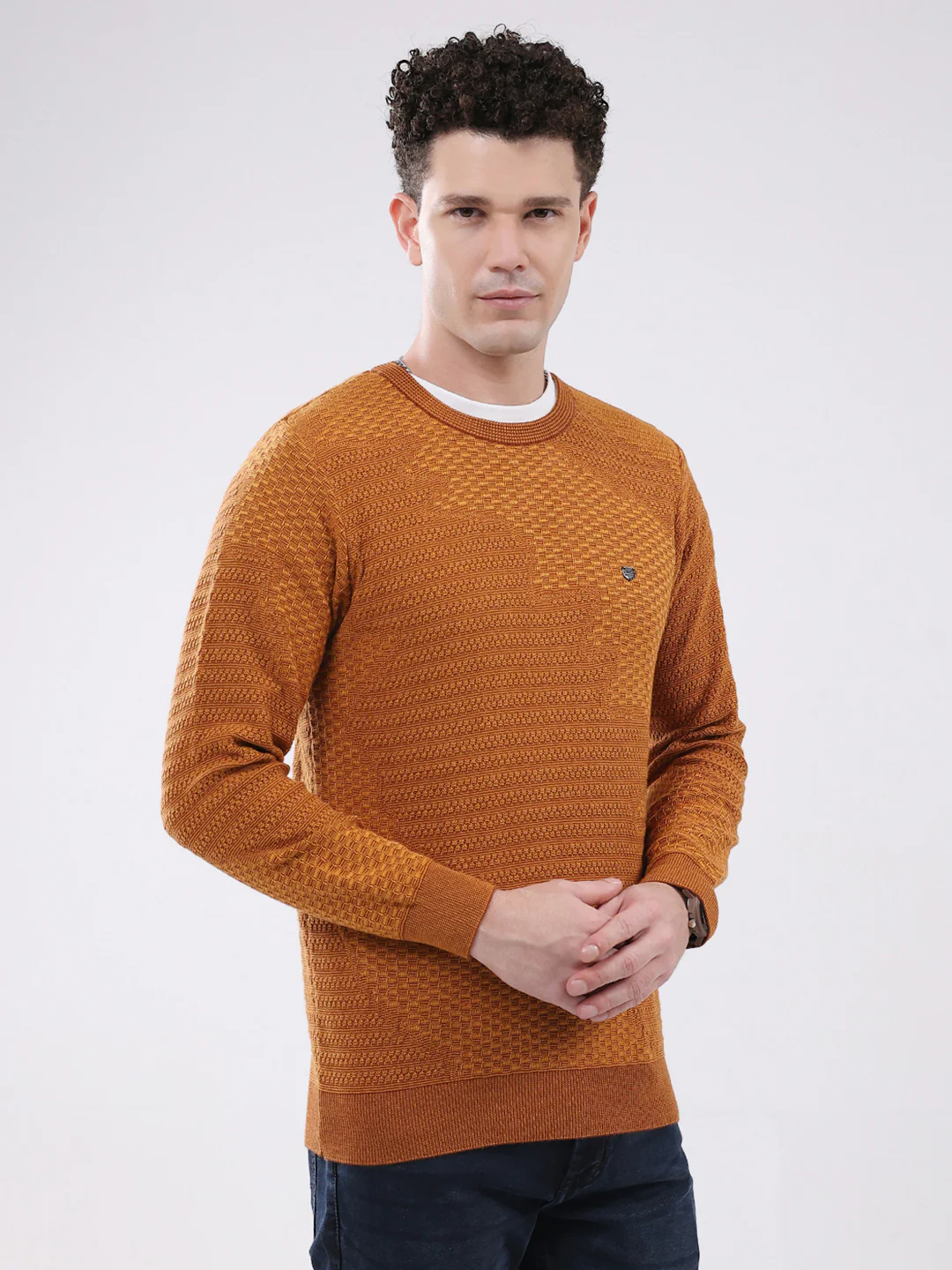 Men Mustard Self Design Round Neck Full Sleeve Pullover - Image 4