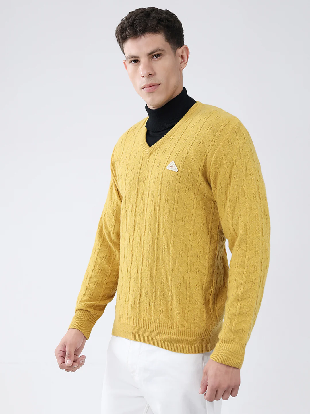 Men Mustard Self Design V Neck Full Sleeve Pullover - Image 3
