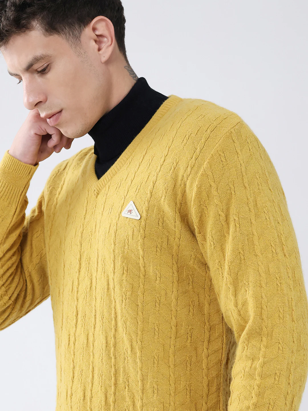 Men Mustard Self Design V Neck Full Sleeve Pullover - Image 6