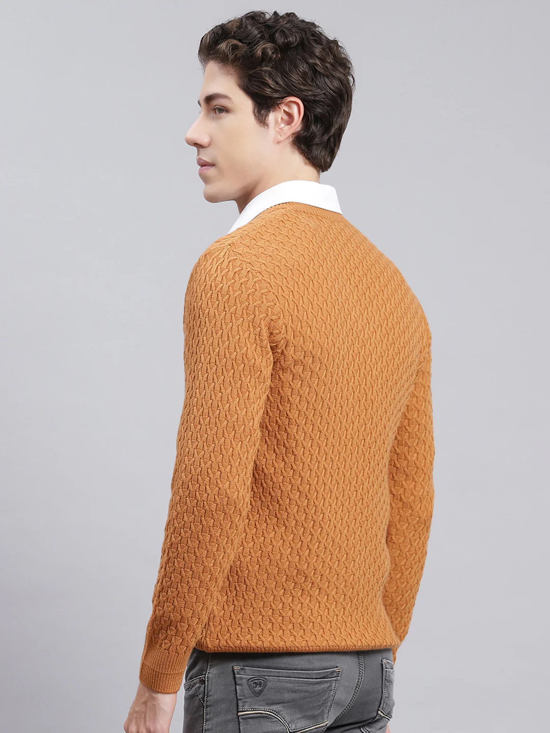 Men Mustard Self Design Wool blend Pullover - Image 5