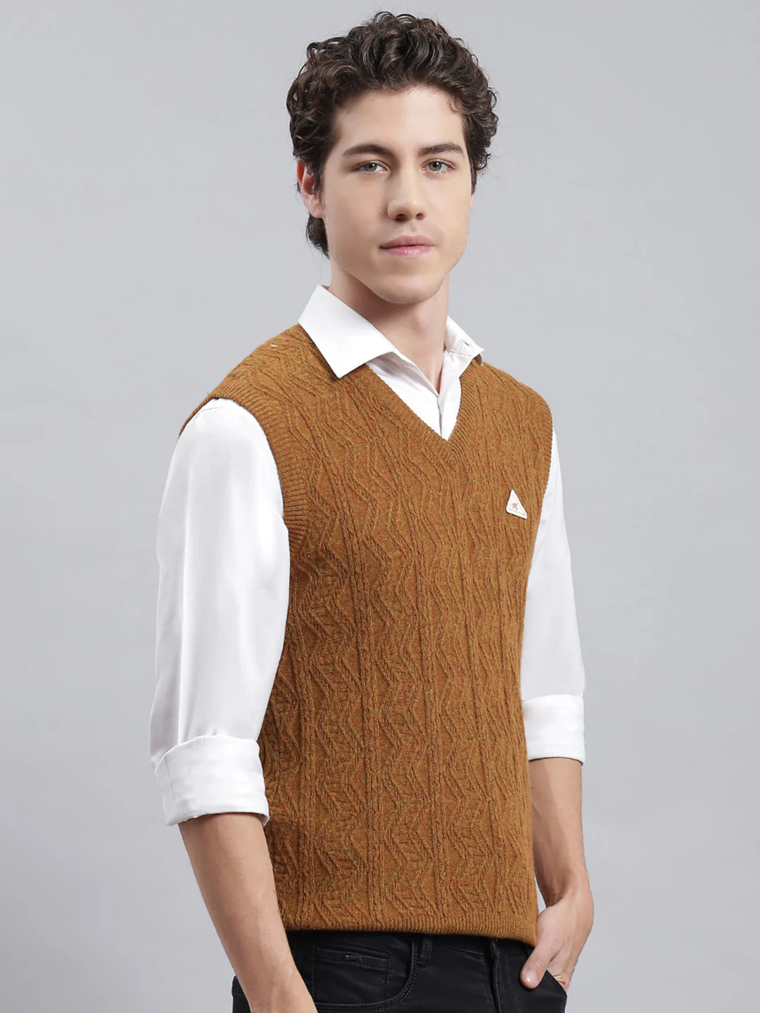 Men Mustard Self Sweater - Image 3