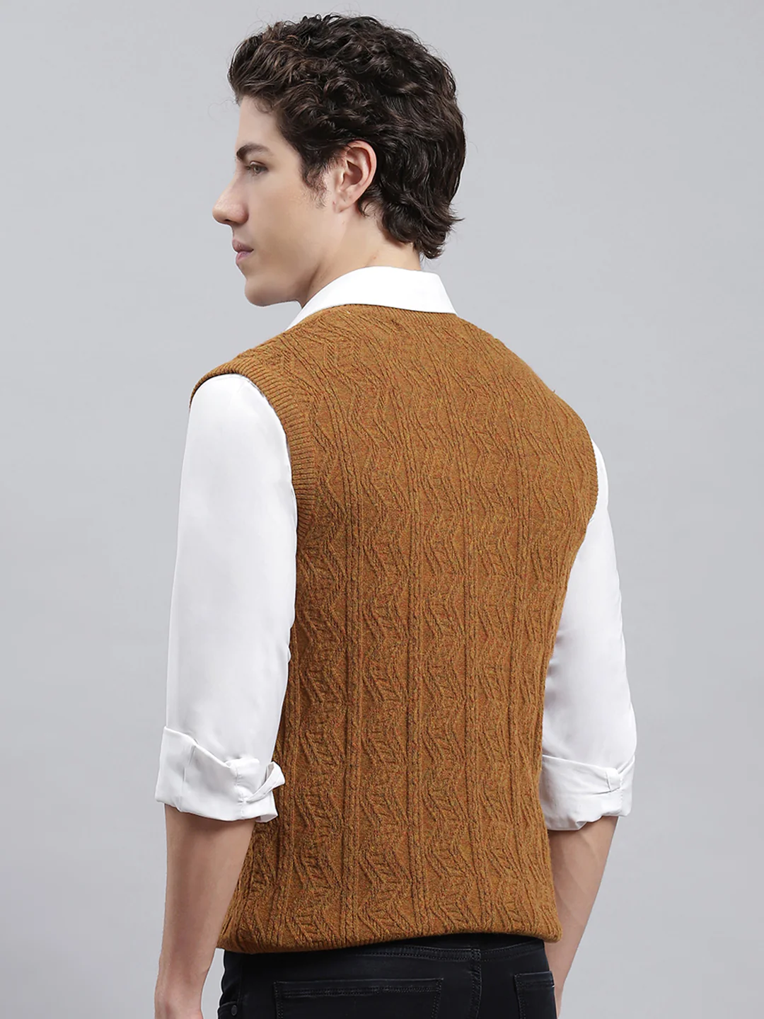 Men Mustard Self Sweater - Image 5