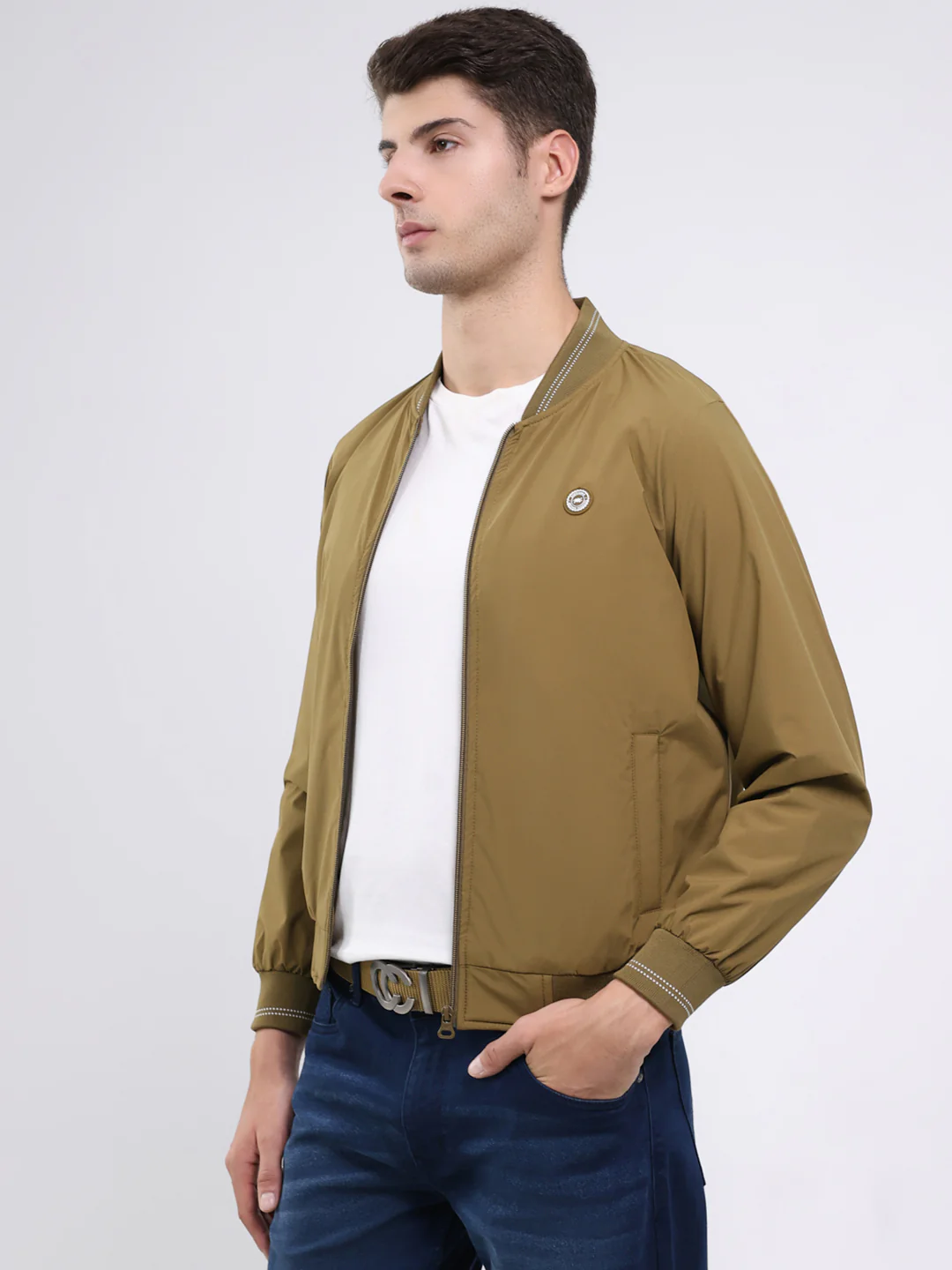 Men Mustard Solid Band Neck Full Sleeve Jacket - Image 3