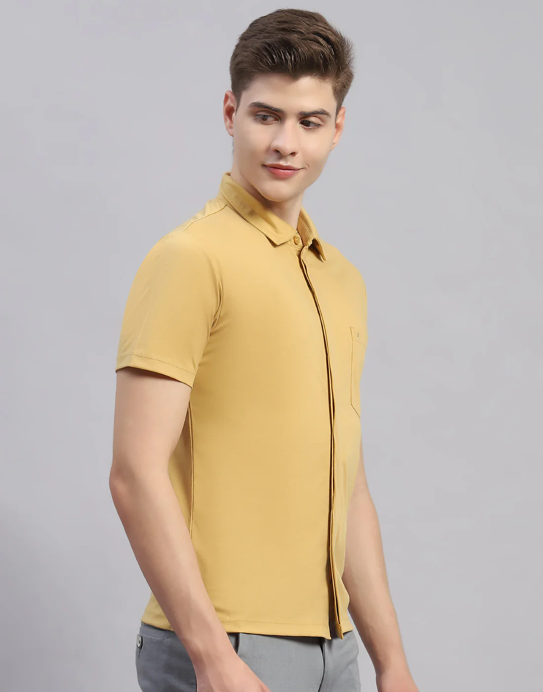 Men Mustard Solid Collar Half Sleeve Shirt - Image 4
