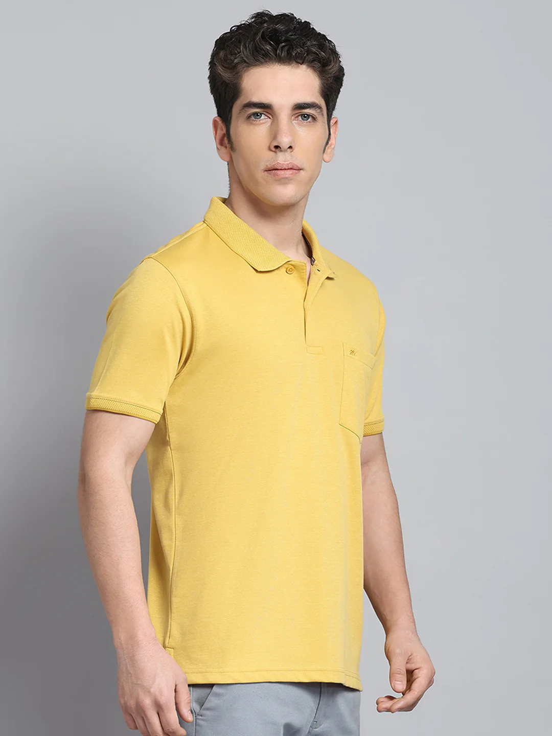 Men Mustard Solid Collar Half Sleeve T-Shirt - Image 4