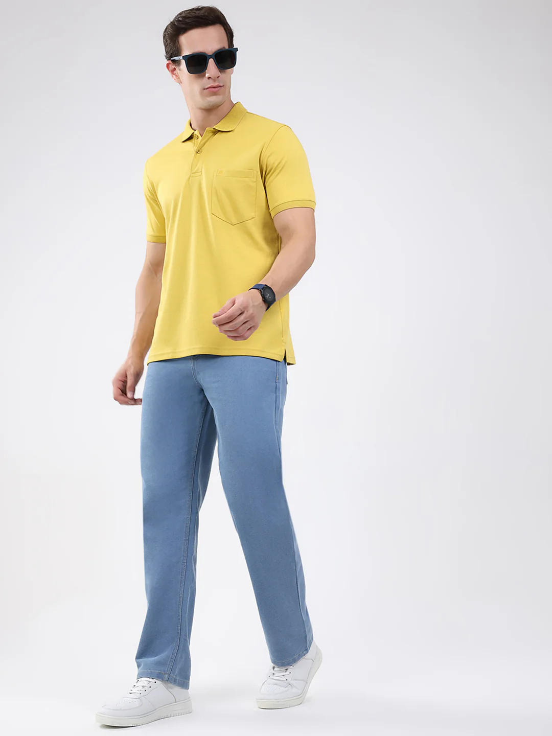 Men Mustard Solid Collar Half Sleeve T-Shirt - Image 2