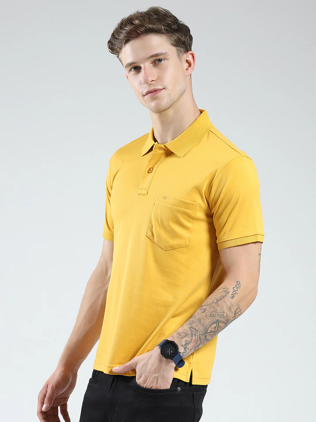 Men Mustard Solid Collar Half Sleeve T-Shirt - Image 3