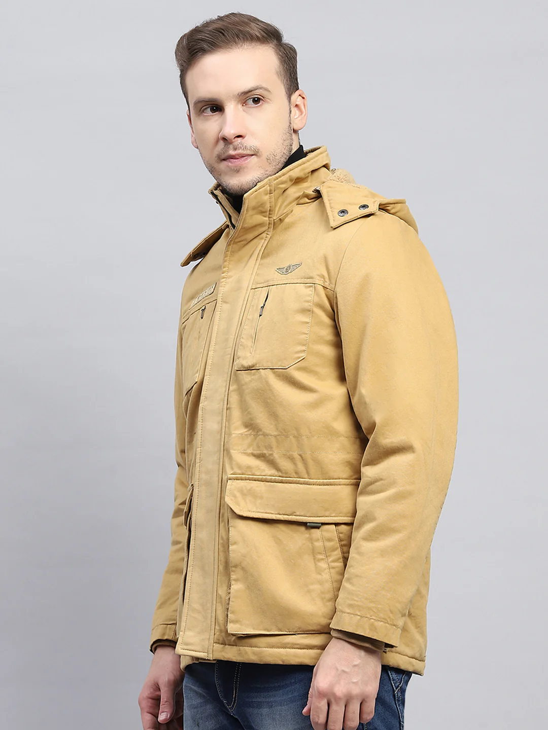 Men Mustard Solid Detachable Hood Full Sleeve Jacket - Image 3