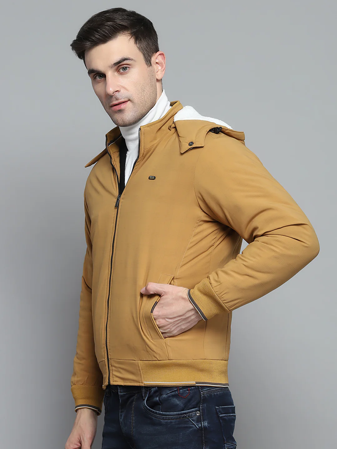 Men Mustard Solid Detachable Hood Full Sleeve Jacket - Image 3