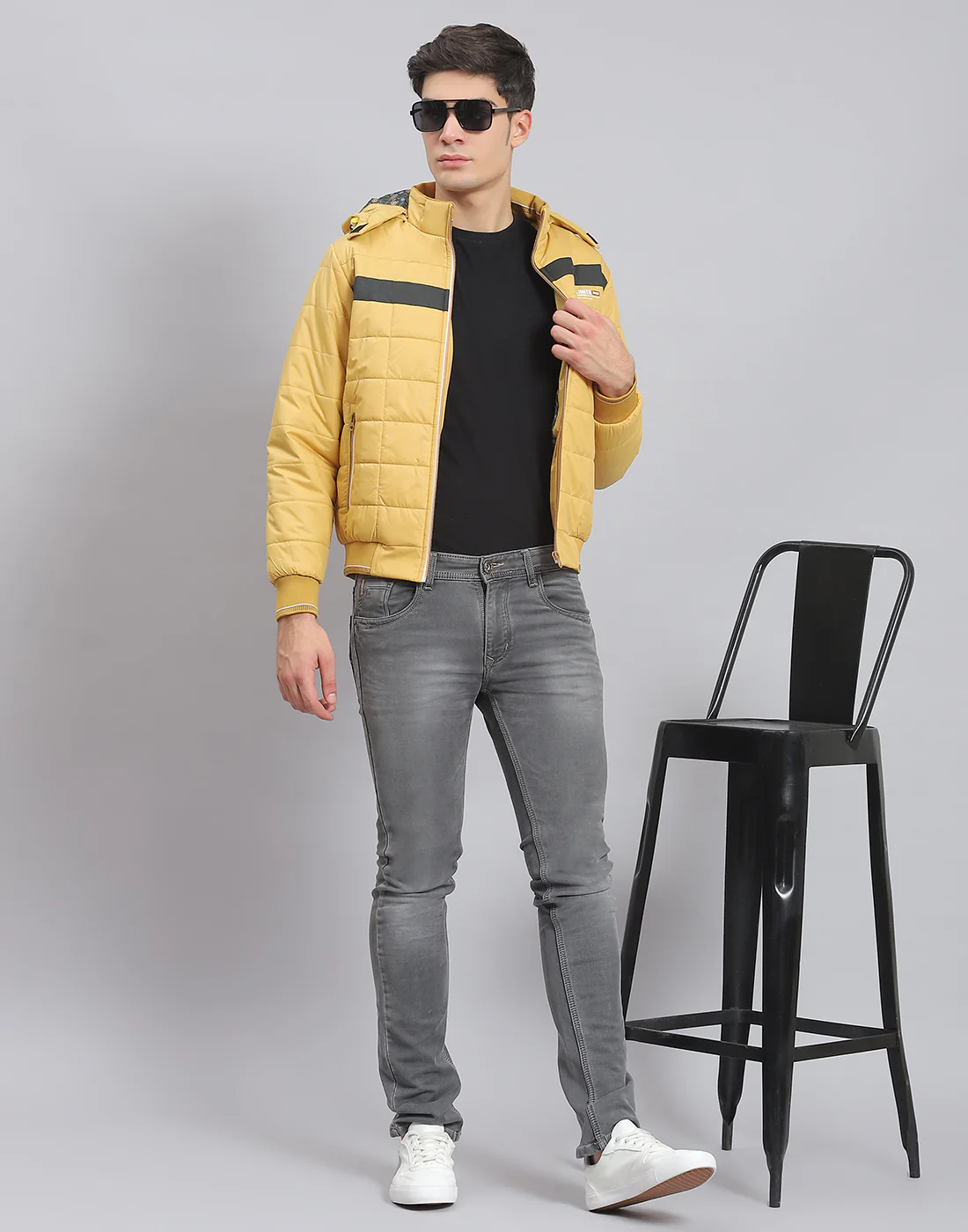 Men Mustard Solid Hooded Full Sleeve Jacket - Image 2