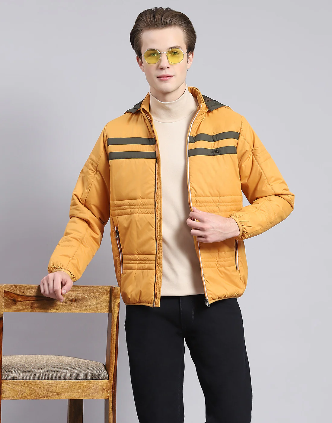 Men Mustard Solid Hooded Full Sleeve Jacket - Image 2