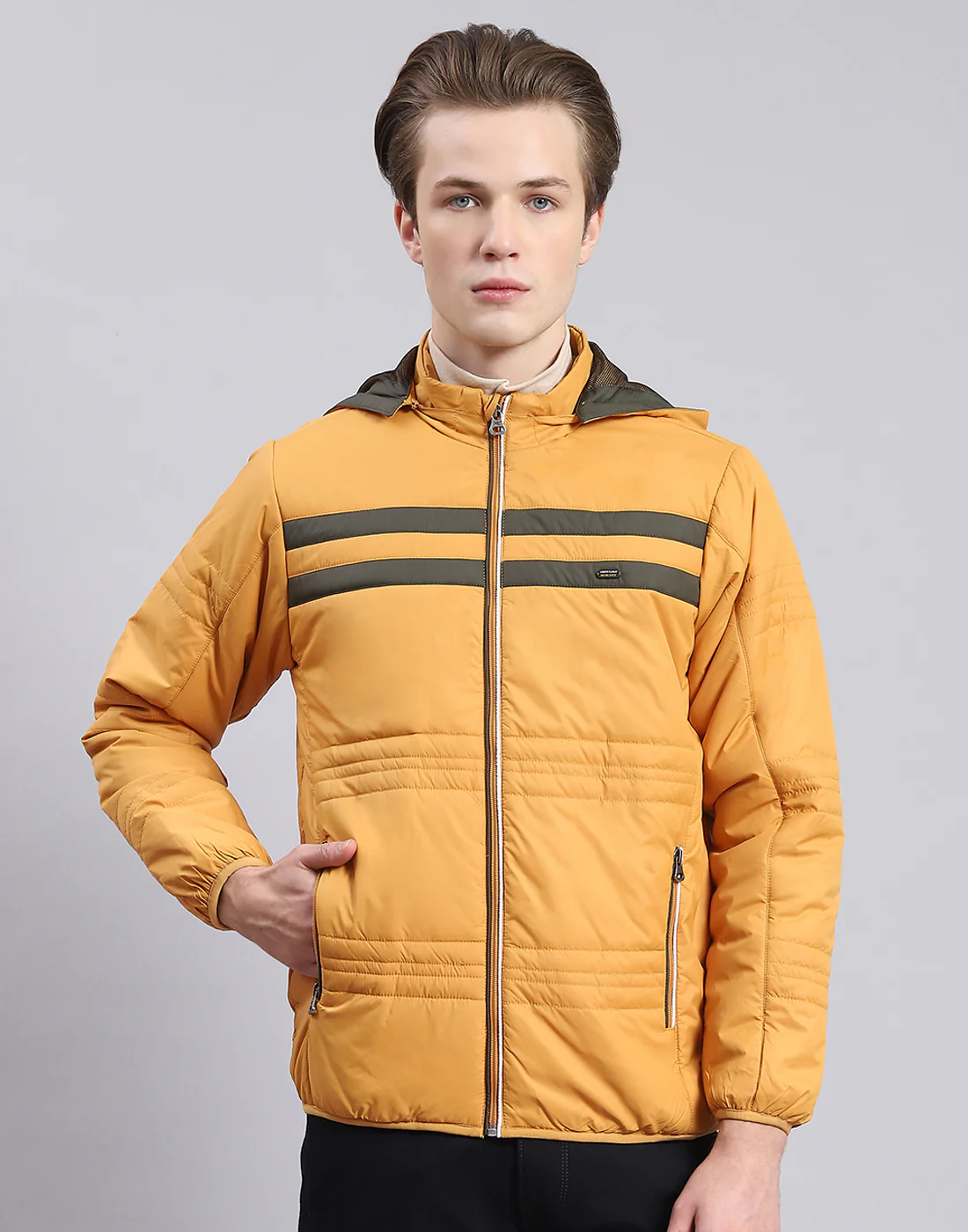 Men Mustard Solid Hooded Full Sleeve Jacket - Image 4