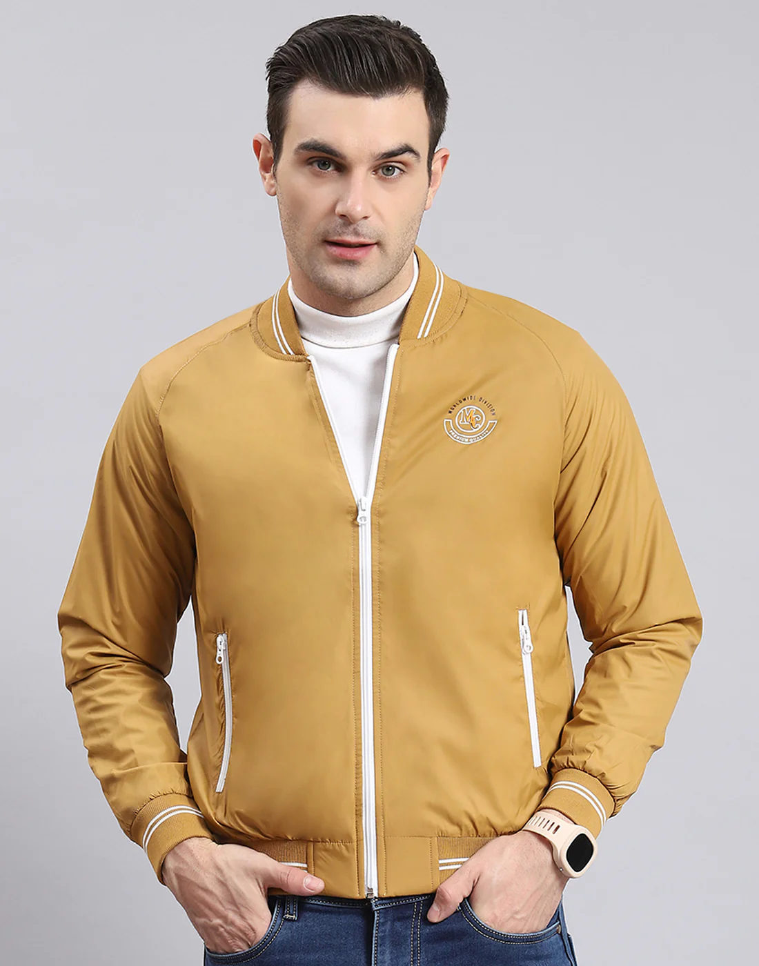 Men Mustard Solid Mandarin Collar Full Sleeve Jacket - Image 3